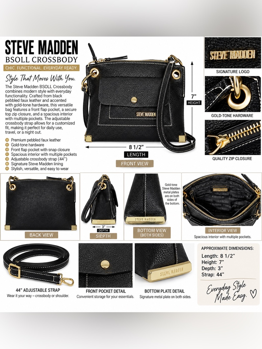 STEVE MADDEN BSOLL BLACK PEBBLED CROSSBODY BAG GOLD-TONE HARDWARE ADJUSTABLE STR